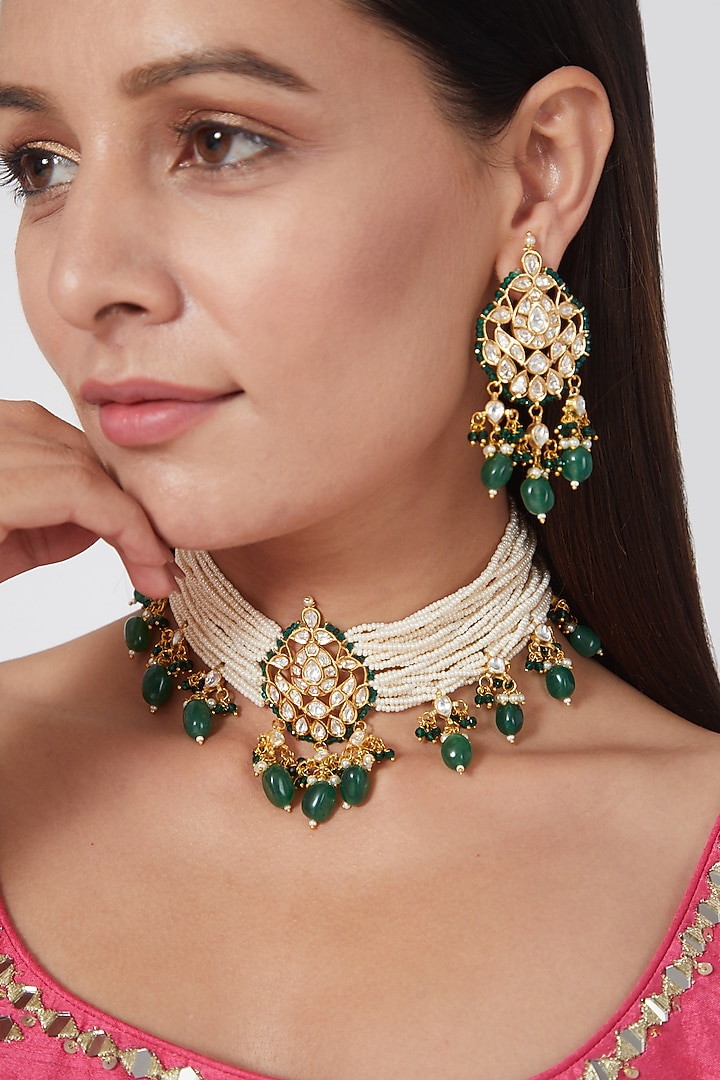 Gold Finish Kundan Polki Beaded Choker Necklace Set by VASTRAA Jewellery at Pernia's Pop Up Shop