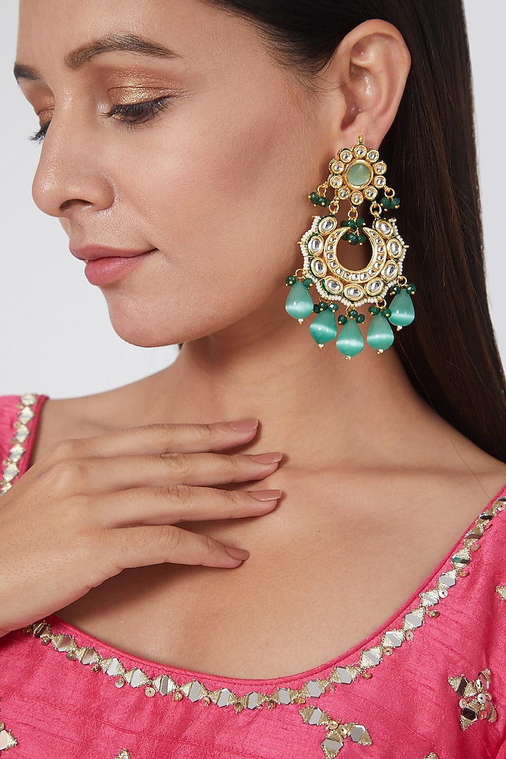 Gold Finish Pearl Drops & Green Beaded Chandbaali Earrings by VASTRAA Jewellery at Pernia's Pop Up Shop