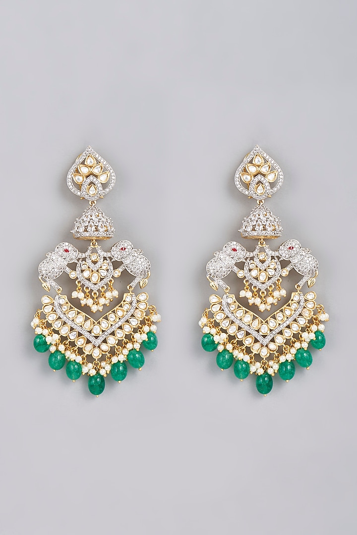 Gold Finish Kundan Polki & Green Beaded Chandbaali Earrings by VASTRAA Jewellery at Pernia's Pop Up Shop