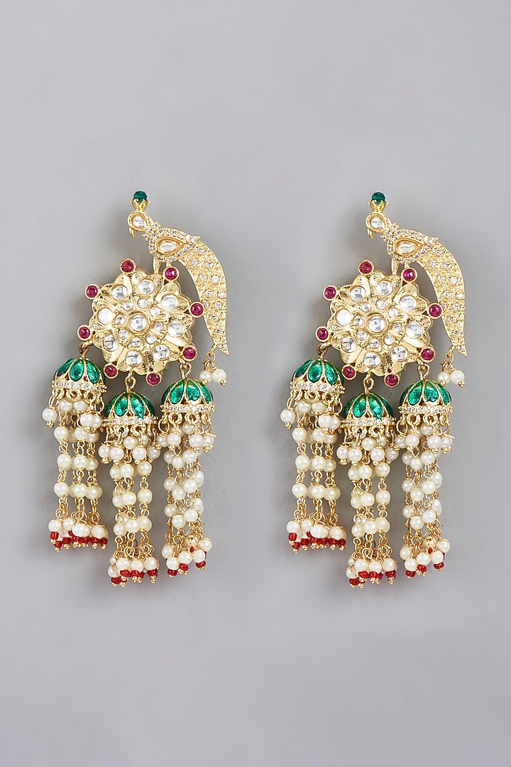 Gold Finish Kundan Polki & Red Beaded Dangler Earrings by VASTRAA Jewellery at Pernia's Pop Up Shop