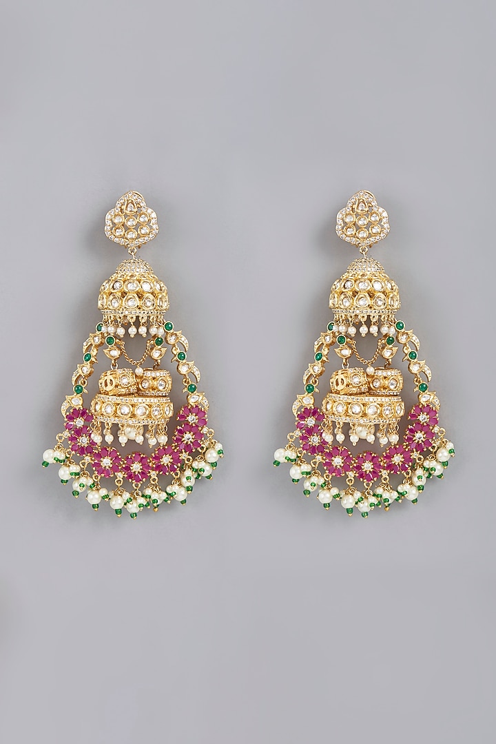 Gold Finish Kundan Polki & Red Beaded Chandbaali Earrings by VASTRAA Jewellery at Pernia's Pop Up Shop