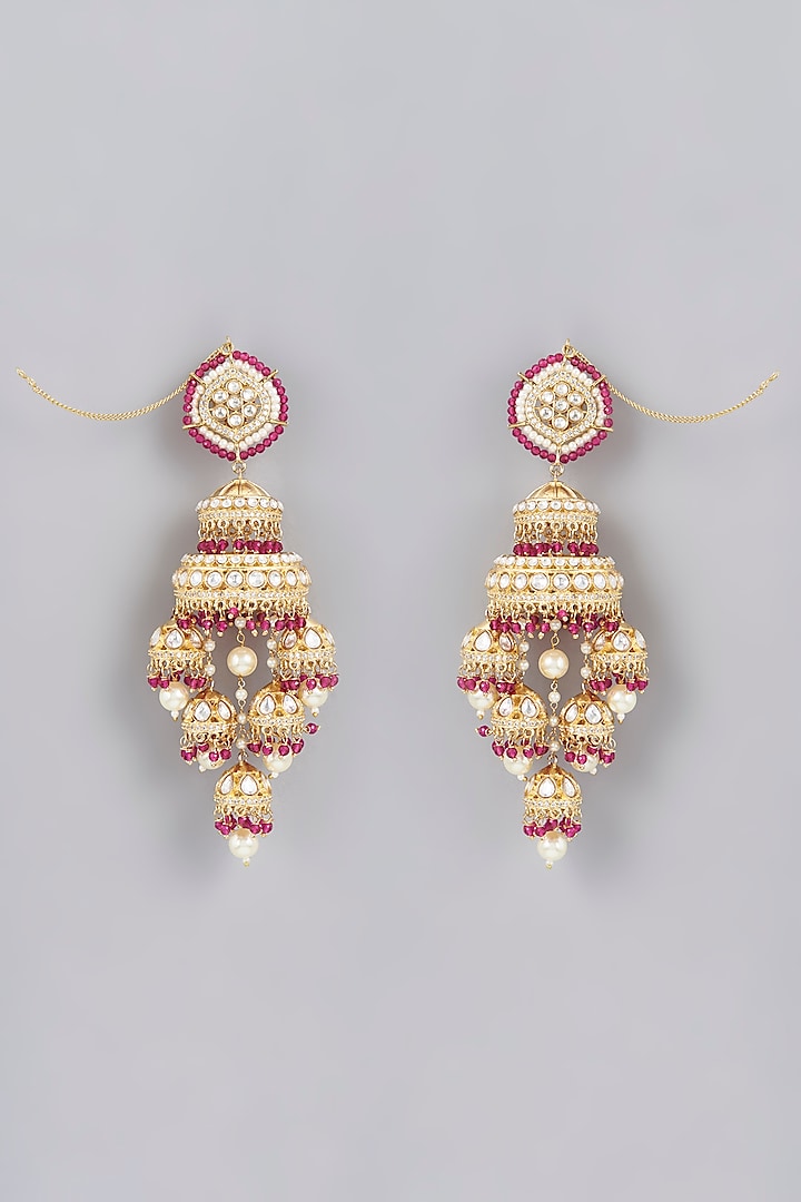 Gold Finish Kundan Polki & Red Beaded Dangler Earrings by VASTRAA Jewellery at Pernia's Pop Up Shop