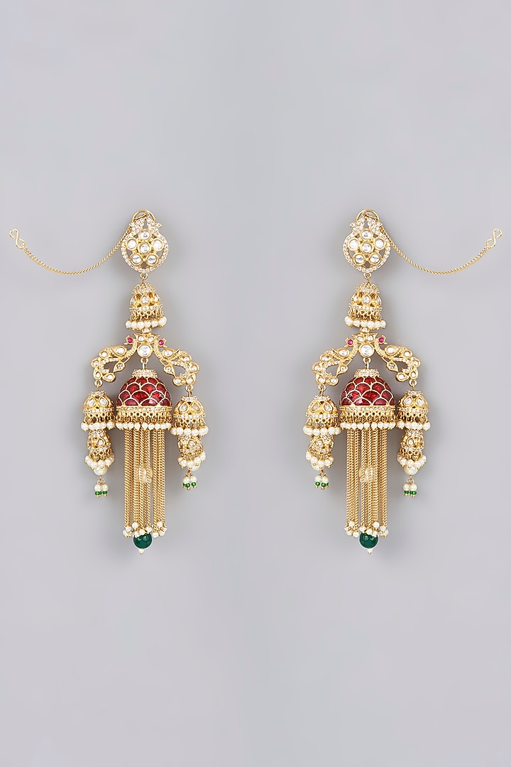 Gold Finish Kundan Polki & Red Beaded Dangler Earrings by VASTRAA Jewellery at Pernia's Pop Up Shop