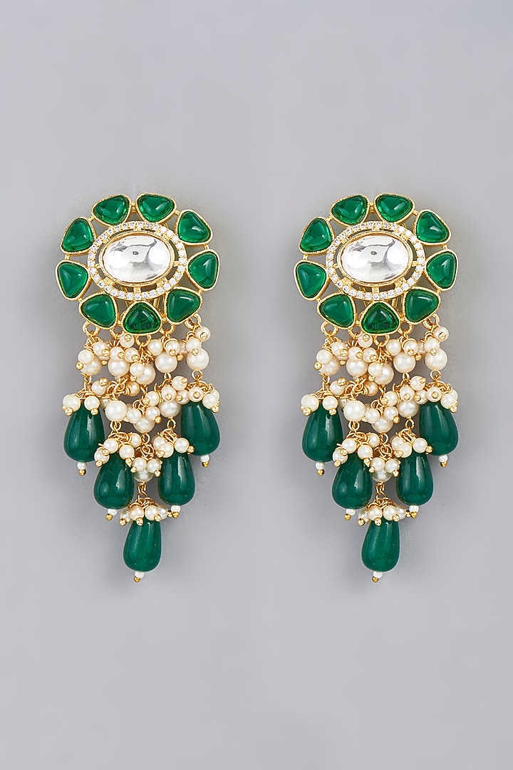 Gold Finish Kundan Polki & Green Beaded Dangler Earrings by VASTRAA Jewellery at Pernia's Pop Up Shop