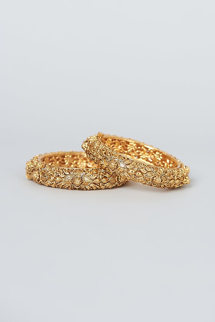 Gold Finish Temple Bangles (Set Of 2) by VASTRAA Jewellery at Pernia's Pop Up Shop
