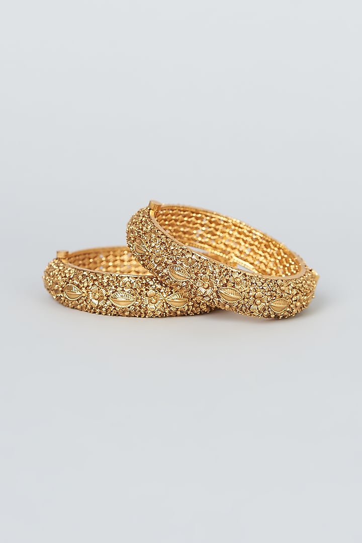 Gold Finish Temple Bangles (Set Of 2) by VASTRAA Jewellery at Pernia's Pop Up Shop
