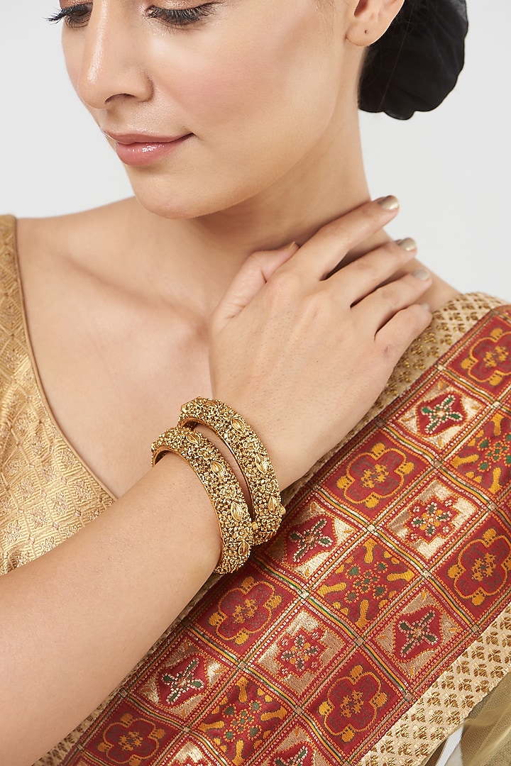 Gold Finish Temple Bangles (Set Of 2) by VASTRAA Jewellery at Pernia's Pop Up Shop