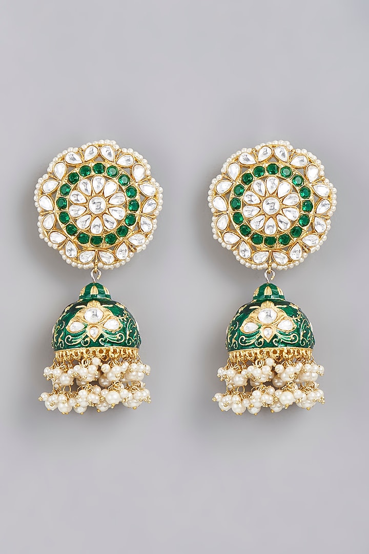 Gold Finish Kundan Polki & Green Beaded Jhumka Earrings by VASTRAA Jewellery at Pernia's Pop Up Shop