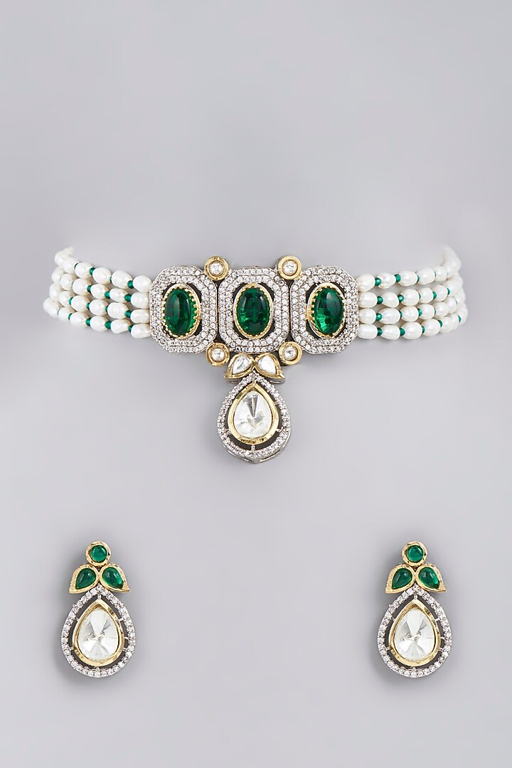 Gold Finish Pearl & Kundan Polki Choker Necklace Set by VASTRAA Jewellery at Pernia's Pop Up Shop