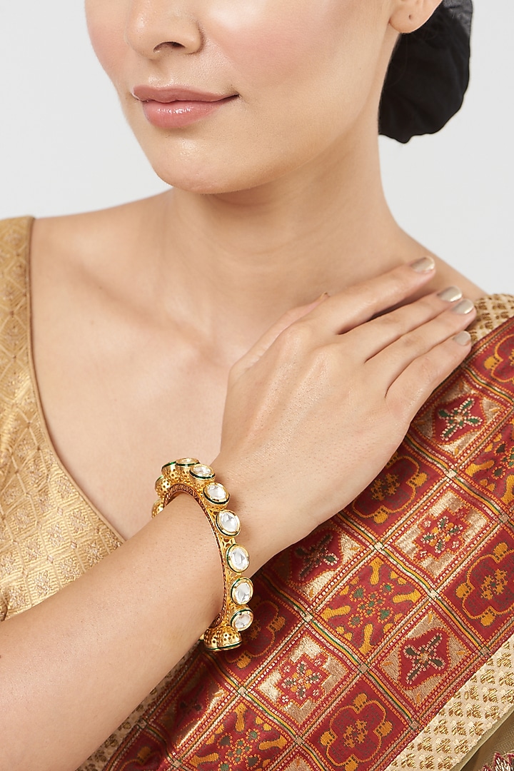 Gold Finish Kundan Polki Bangle by VASTRAA Jewellery at Pernia's Pop Up Shop