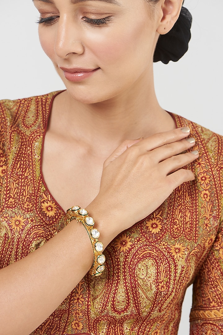 Gold Finish Kundan Polki Bangle by VASTRAA Jewellery at Pernia's Pop Up Shop