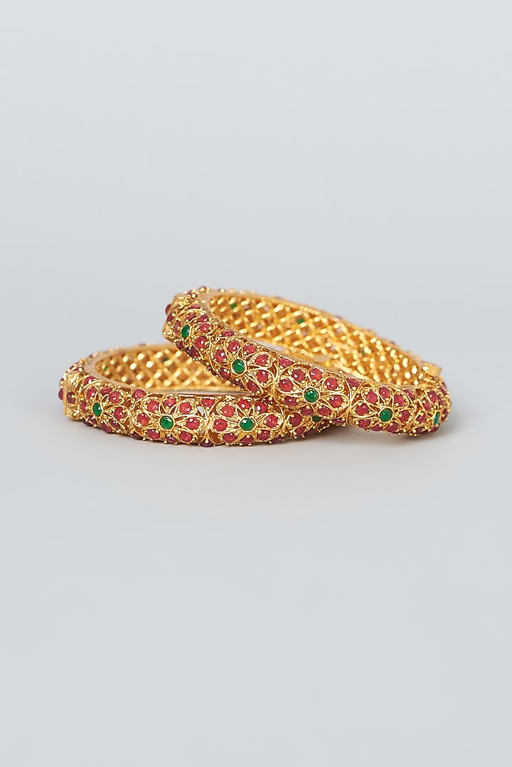 Gold Finish Red & Green Synthetic Stone Bangles (Set Of 2) by VASTRAA Jewellery at Pernia's Pop Up Shop