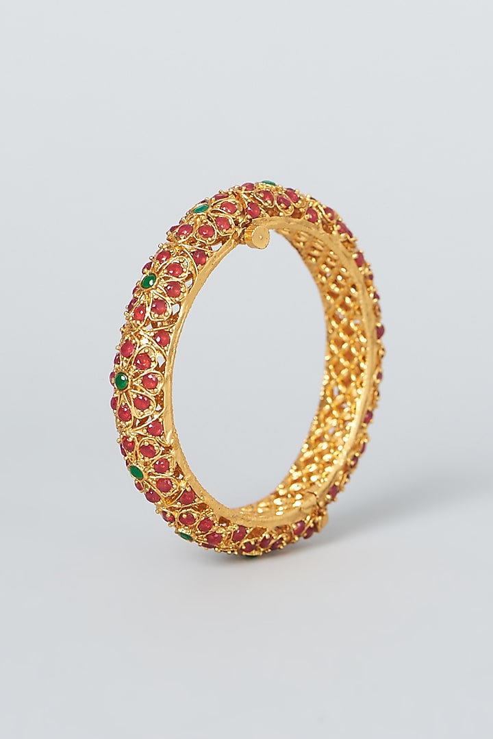 Gold Finish Red & Green Synthetic Stone Bangles (Set Of 2) by VASTRAA Jewellery at Pernia's Pop Up Shop