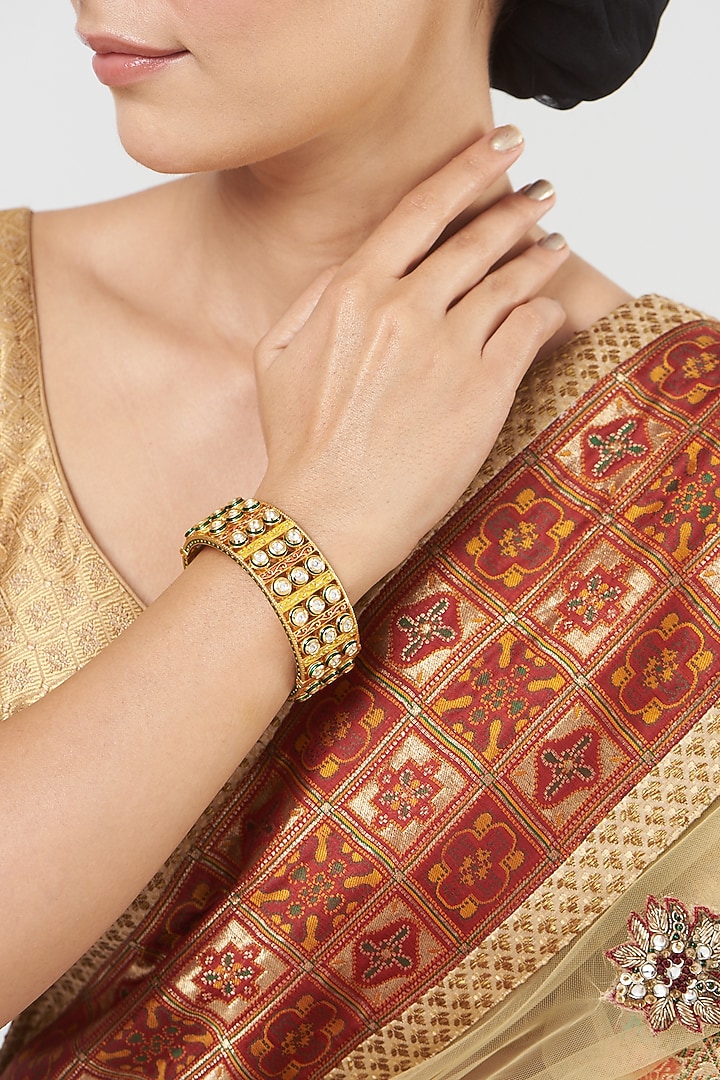 Gold Finish Kundan Polki Bangle by VASTRAA Jewellery at Pernia's Pop Up Shop
