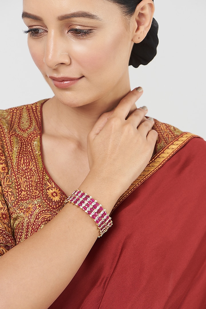 Gold Finish Zircons & Synthetic Stone Bangle by VASTRAA Jewellery at Pernia's Pop Up Shop