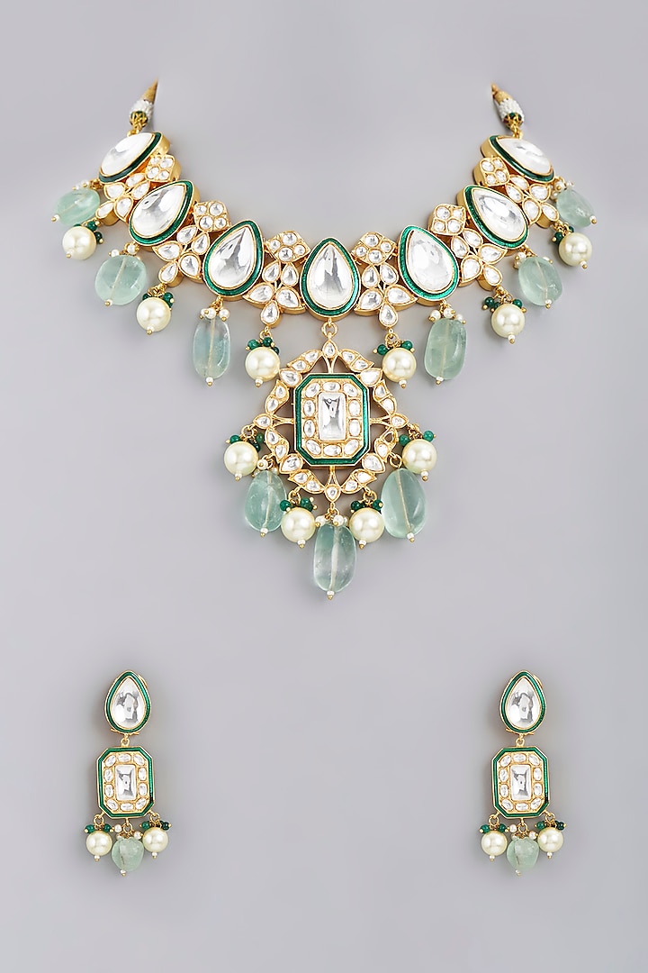 Gold Finish Kundan Polki Mint Green Beaded Necklace Set by