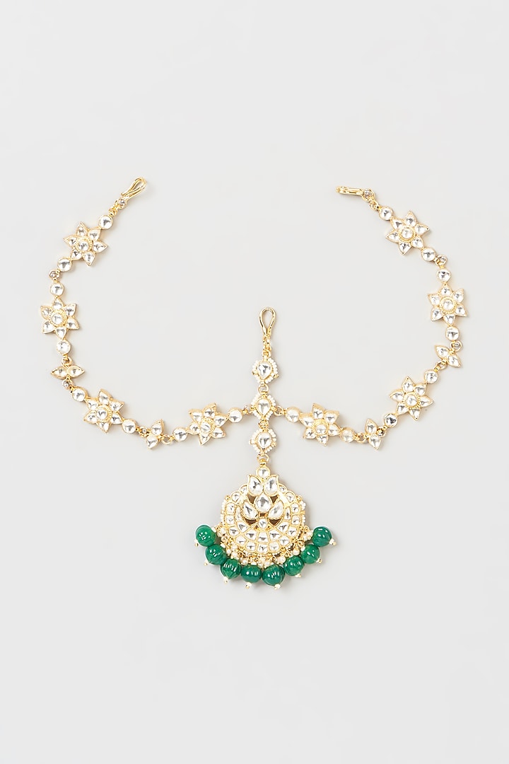 Gold Finish Pachi Kundan Polki & Green Beaded Sheeshphool by VASTRAA Jewellery at Pernia's Pop Up Shop
