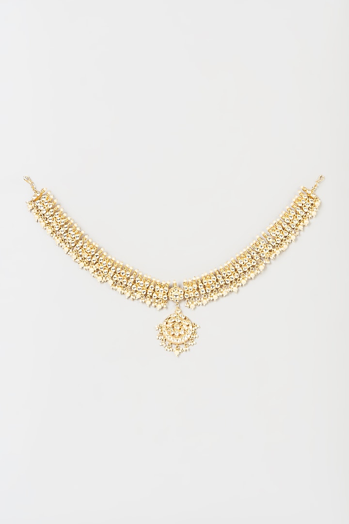 Gold Finish Pachi Kundan Polki & Pearl Mathapatti by VASTRAA Jewellery at Pernia's Pop Up Shop
