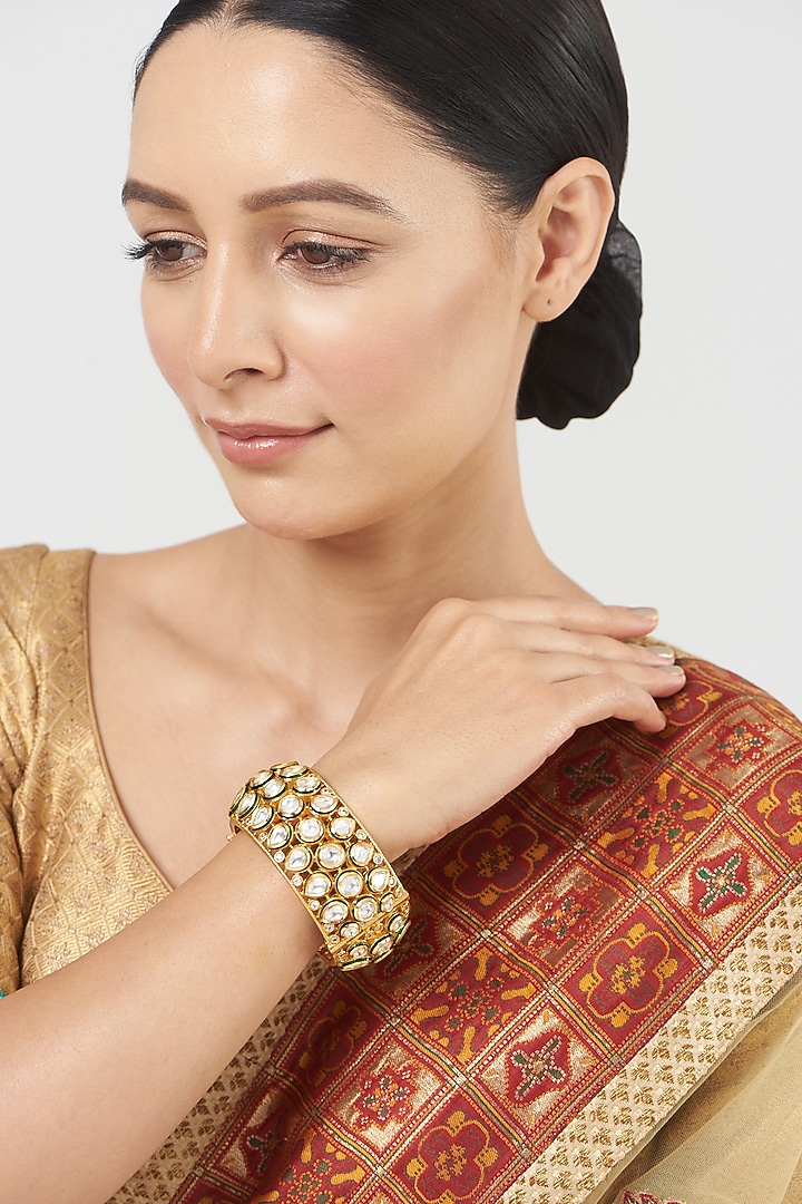 Gold Finish Kundan Polki Bangle by VASTRAA Jewellery at Pernia's Pop Up Shop