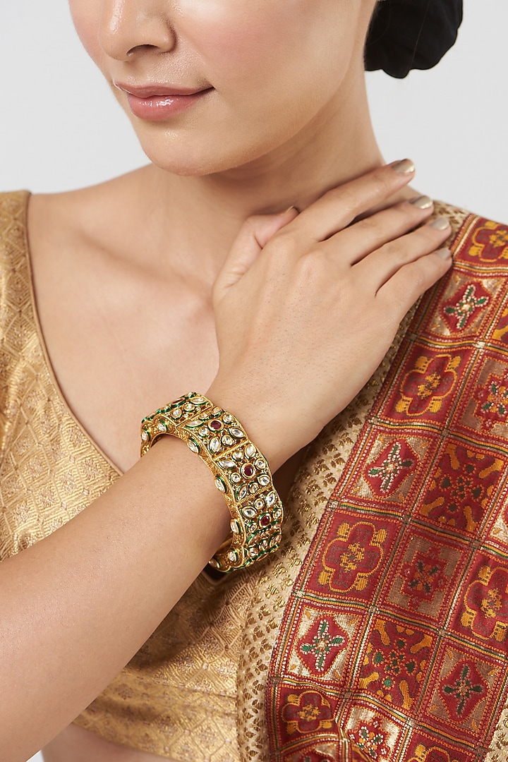 Gold Finish Kundan Polki Bangle by VASTRAA Jewellery at Pernia's Pop Up Shop
