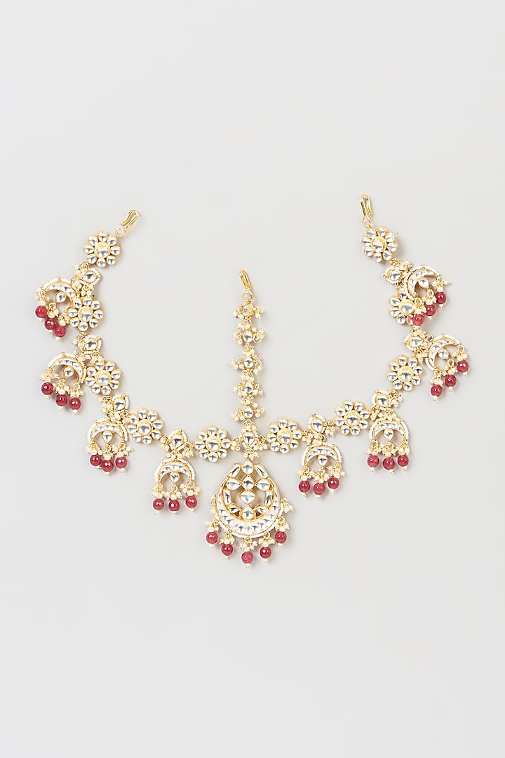Gold Finish Pachi Kundan Polki & Red Beaded Mathapatti by VASTRAA Jewellery at Pernia's Pop Up Shop