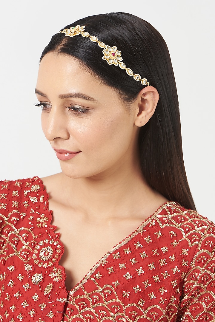 Gold Finish Pachi Kundan Polki Sheeshphool by VASTRAA Jewellery at Pernia's Pop Up Shop
