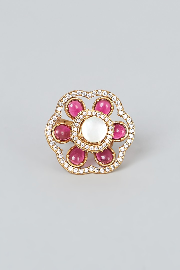 Gold Finish Pearl & Kundan Polki Ring by VASTRAA Jewellery at Pernia's Pop Up Shop