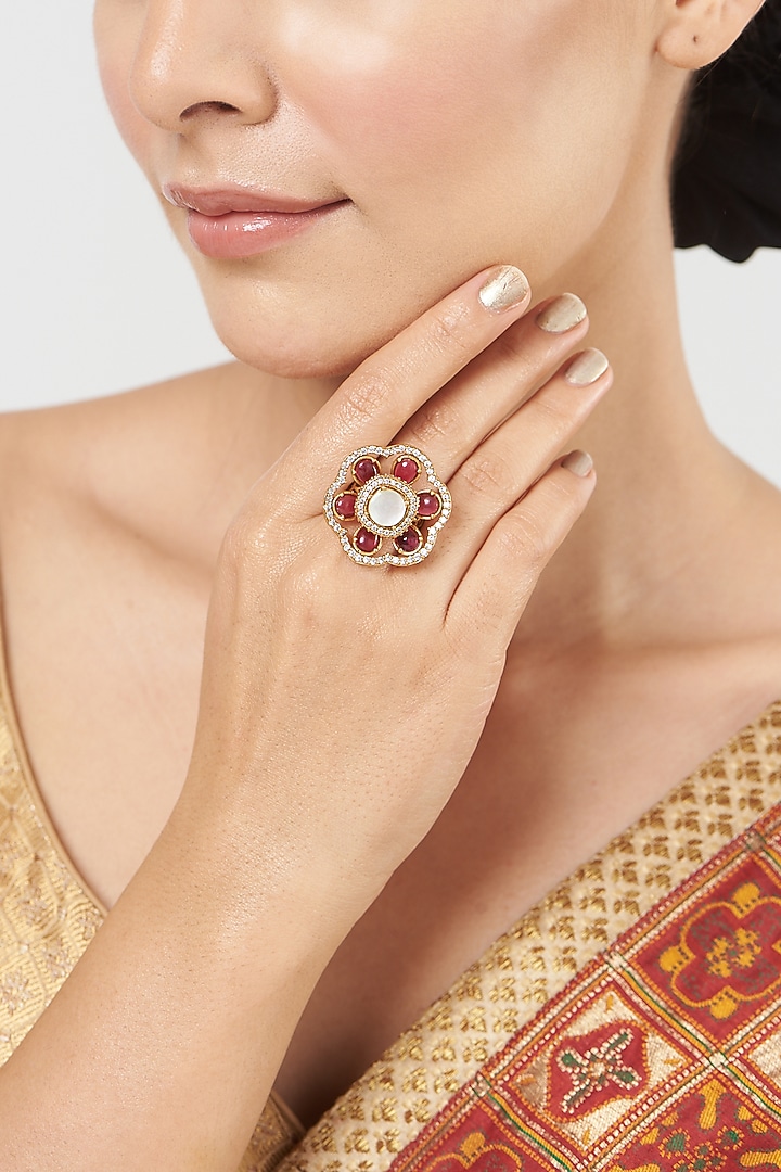 Gold Finish Pearl & Kundan Polki Ring by VASTRAA Jewellery at Pernia's Pop Up Shop