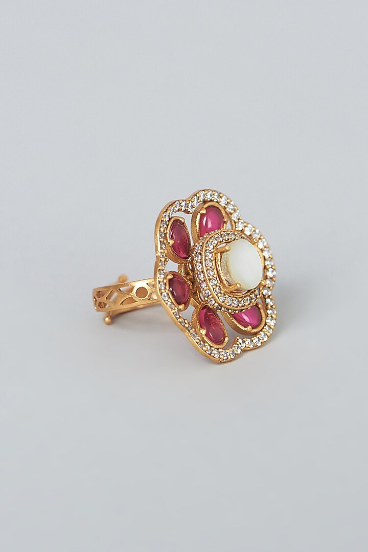 Gold Finish Pearl & Kundan Polki Ring by VASTRAA Jewellery at Pernia's Pop Up Shop