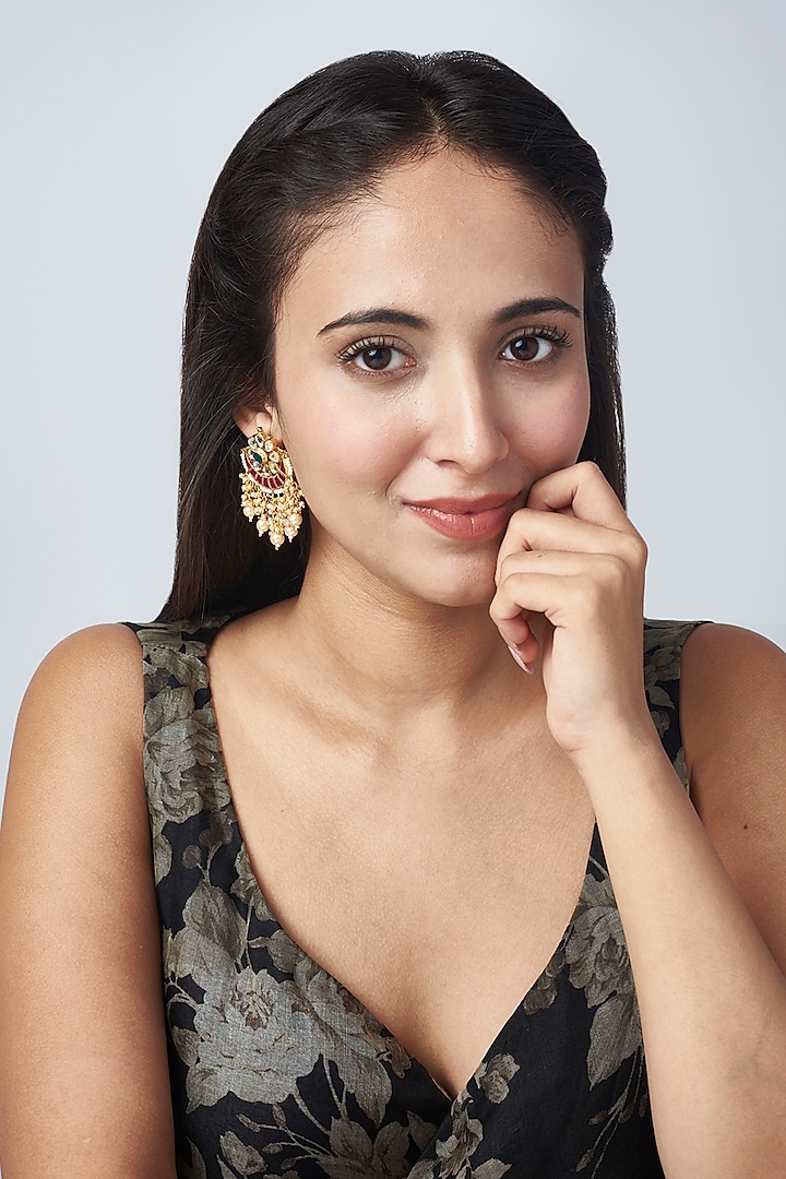 Gold Finish Multi-Colored Pachi Kundan Polki Dangler Earrings by VASTRAA Jewellery