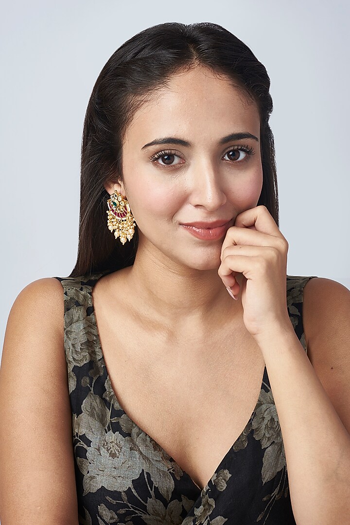 Gold Finish Multi-Colored Pachi Kundan Polki Dangler Earrings by VASTRAA Jewellery at Pernia's Pop Up Shop