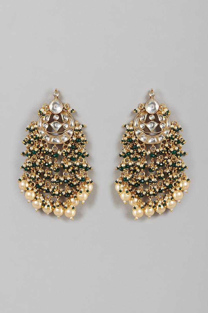Gold Finish Kundan Polki & Green Beaded Dangler Earrings by VASTRAA Jewellery at Pernia's Pop Up Shop