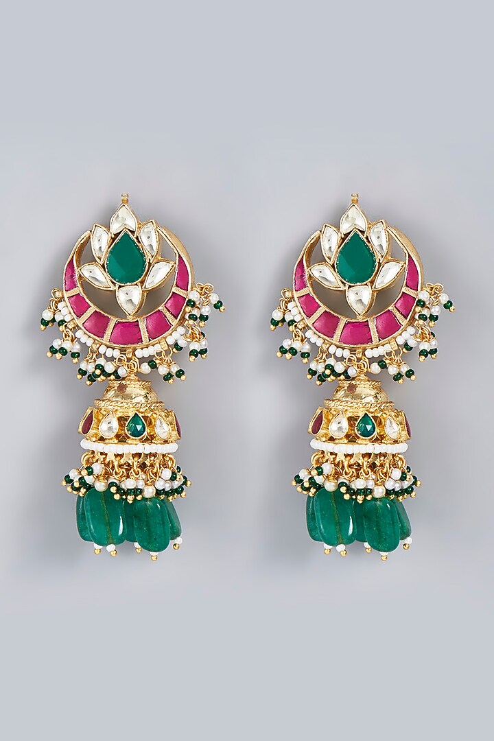 Gold Finish Red Kundan Polki & Green Beaded Dangler Earrings by VASTRAA Jewellery at Pernia's Pop Up Shop