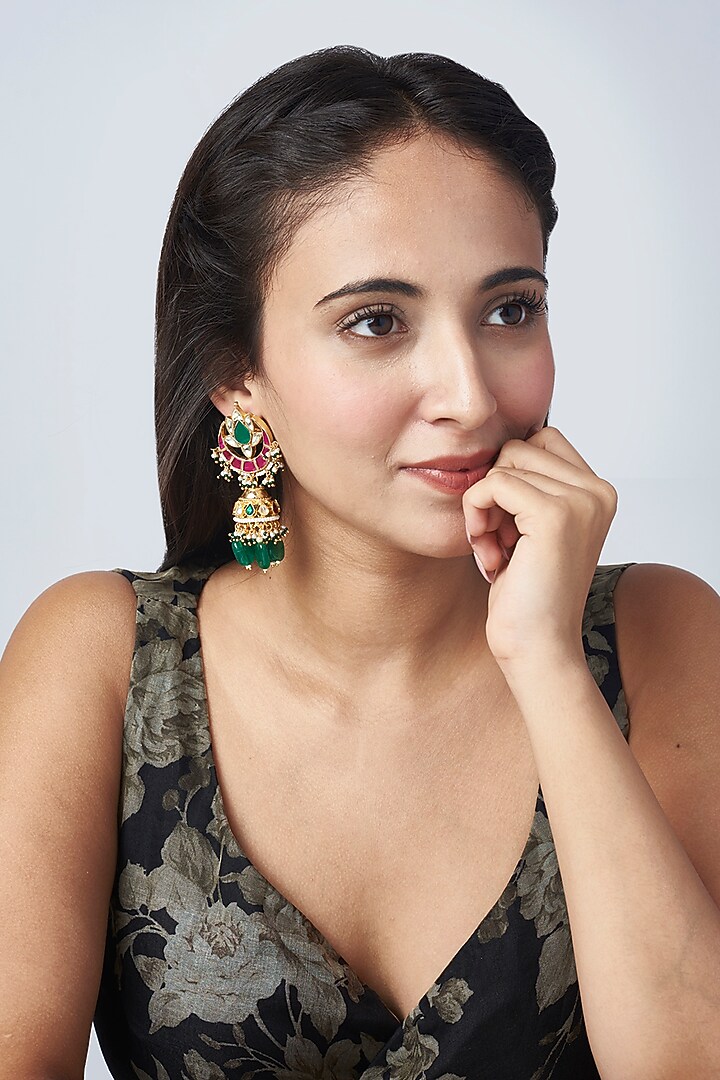Gold Finish Red Kundan Polki & Green Beaded Dangler Earrings by VASTRAA Jewellery at Pernia's Pop Up Shop
