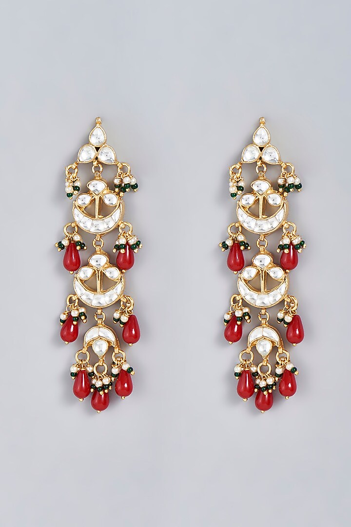 Gold Finish Red Pachi Kundan Polki Dangler Earrings by VASTRAA Jewellery at Pernia's Pop Up Shop