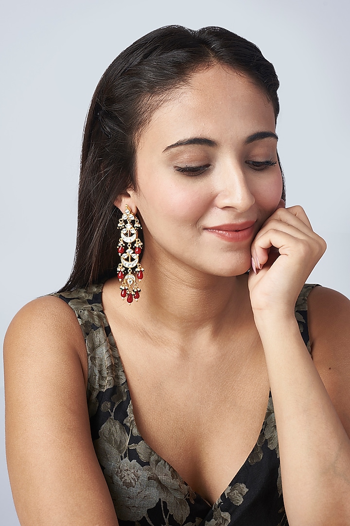 Gold Finish Red Pachi Kundan Polki Dangler Earrings by VASTRAA Jewellery