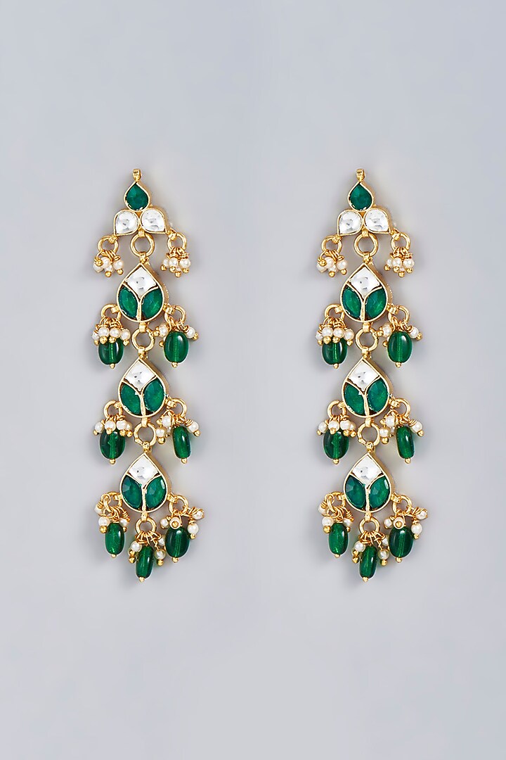 Gold Finish Green Pachi Kundan Polki Dangler Earrings by VASTRAA Jewellery at Pernia's Pop Up Shop