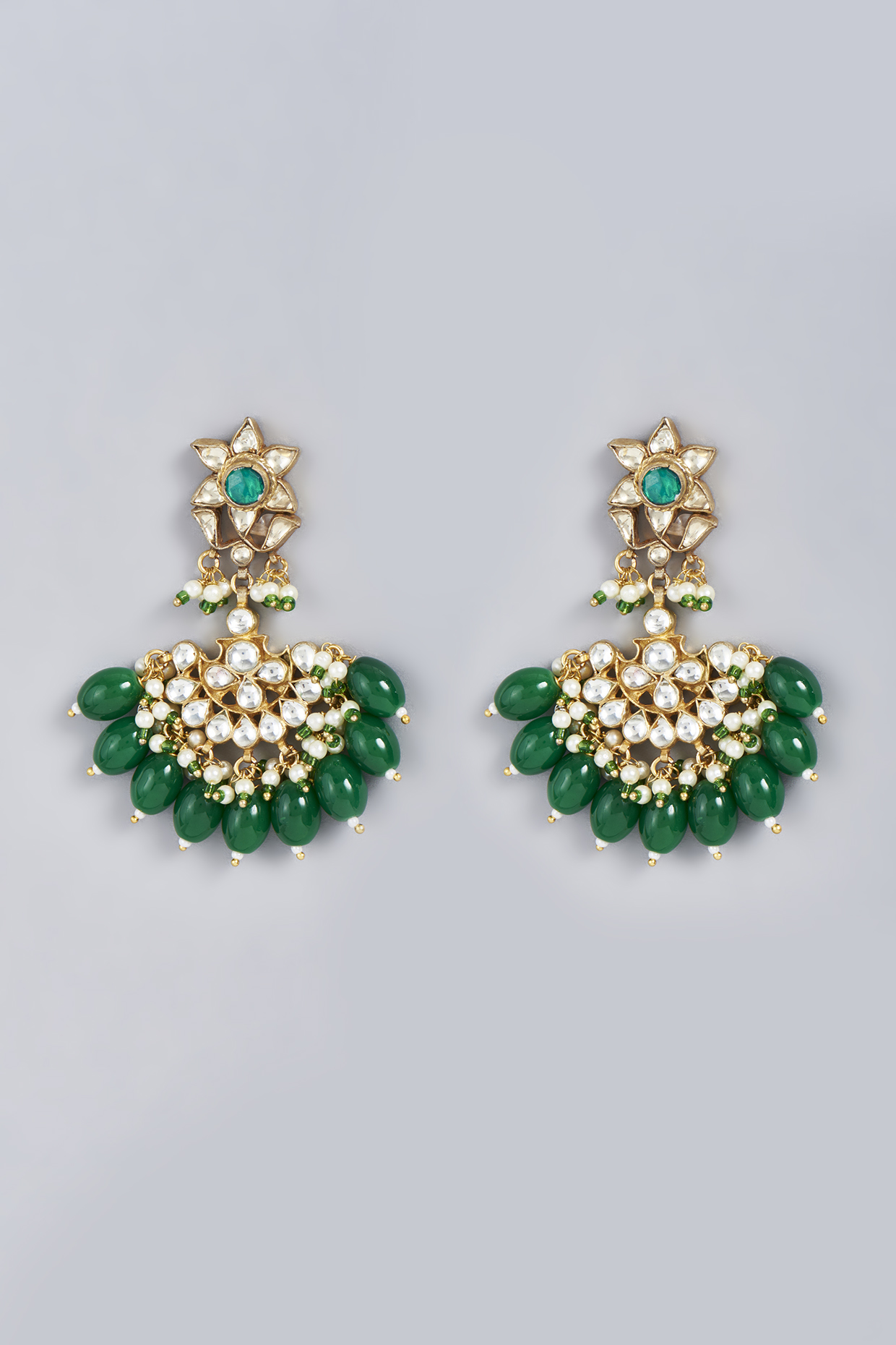 Gold Finish Green Pachi Kundan Polki & Green Beaded Dangler Earrings by VASTRAA Jewellery
