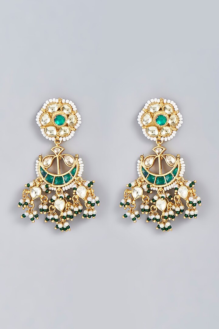 Gold Finish Green Pachi Kundan Polki Dangler Earrings by VASTRAA Jewellery at Pernia's Pop Up Shop