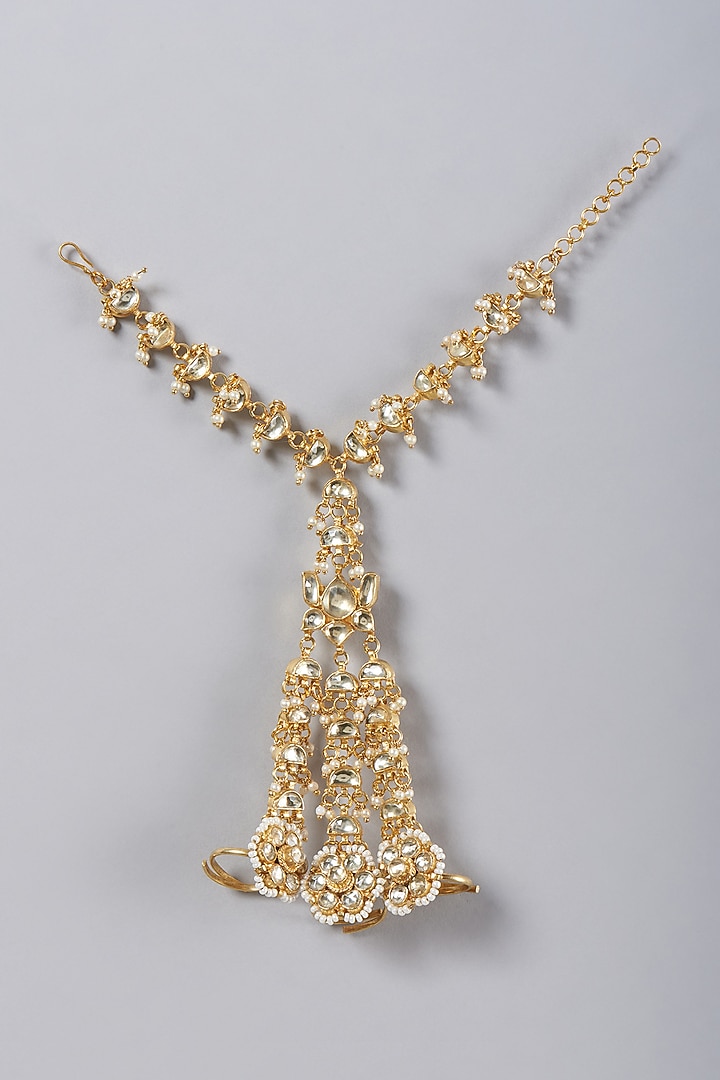 Gold Finish Kundan Polki & Pearl Haath Phool by VASTRAA Jewellery at Pernia's Pop Up Shop