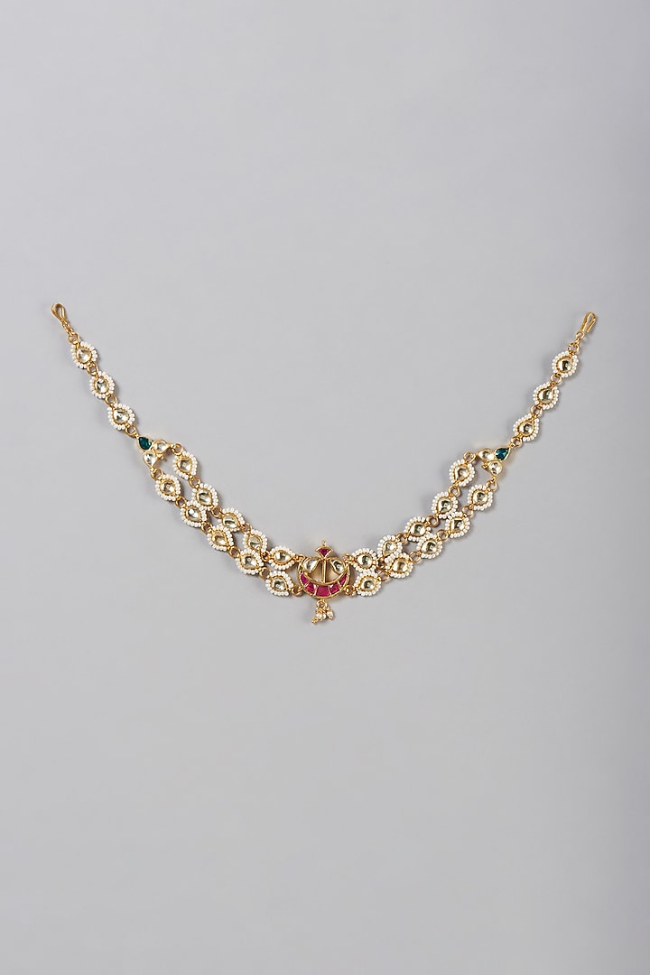 Gold Finish Kundan Polki & Red Synthetic Stone Mathapatti by VASTRAA Jewellery at Pernia's Pop Up Shop
