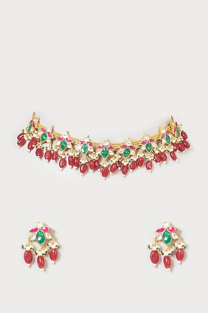 Gold Finish Pachi Kundan Polki & Red Stone Necklace Set by VASTRAA Jewellery at Pernia's Pop Up Shop