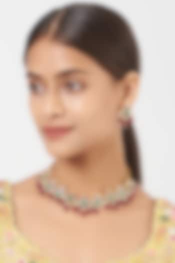 Gold Finish Pachi Kundan Polki & Red Stone Necklace Set by VASTRAA Jewellery at Pernia's Pop Up Shop