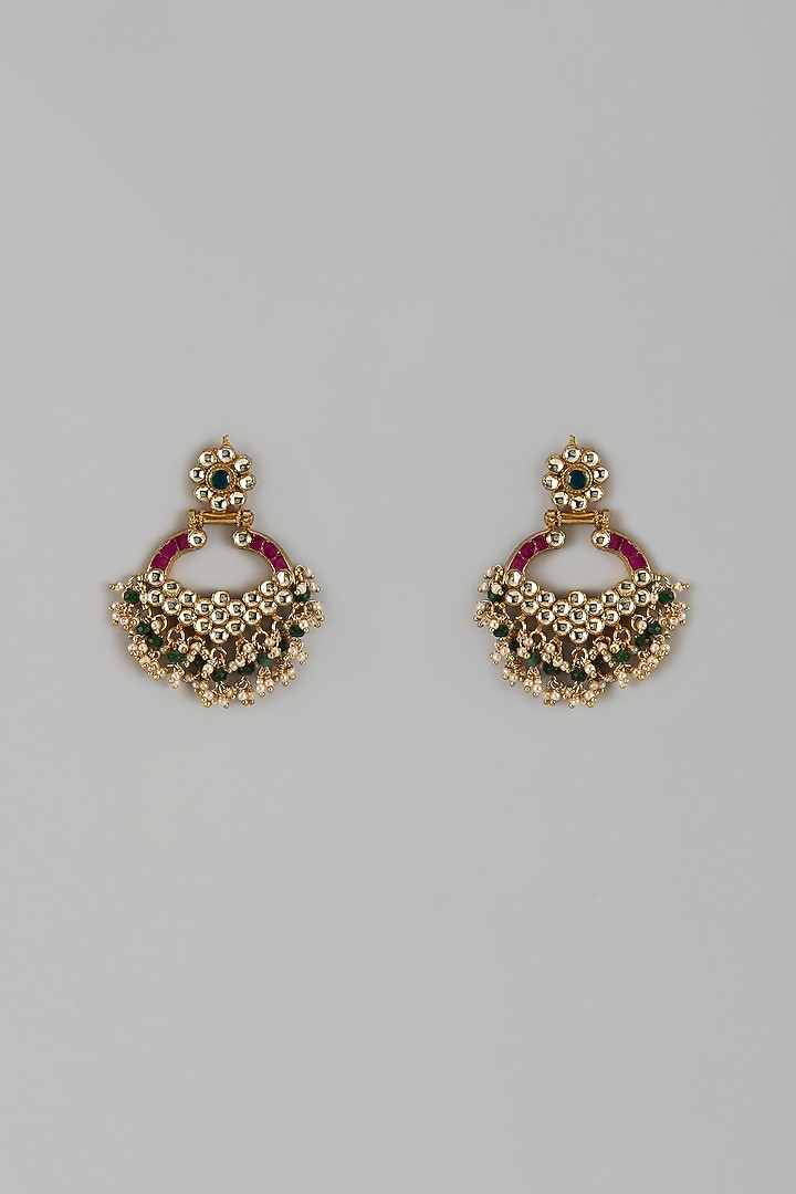 Gold Finish Kundan Polki & Ruby Synthetic Stone Chandbali Earrings by VASTRAA Jewellery at Pernia's Pop Up Shop