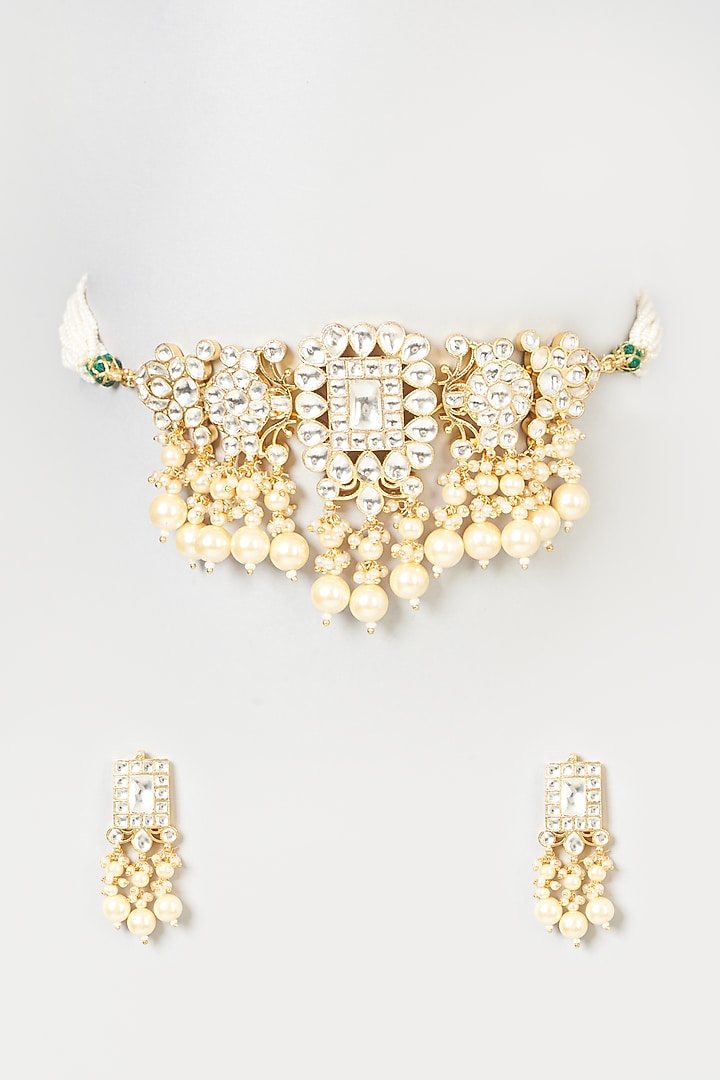 Gold Finish Pearl & Pachi Kundan Polki Choker Necklace Set by VASTRAA Jewellery at Pernia's Pop Up Shop