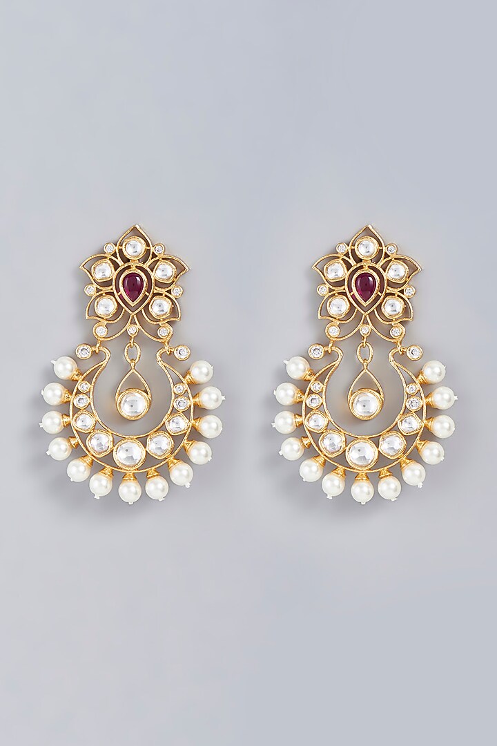 Gold Finish Pachi Kundan Polki & Pearl Dangler Earrings by VASTRAA Jewellery at Pernia's Pop Up Shop