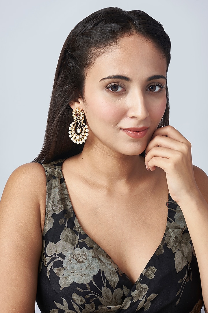 Gold Finish Pachi Kundan Polki & Pearl Dangler Earrings by VASTRAA Jewellery at Pernia's Pop Up Shop