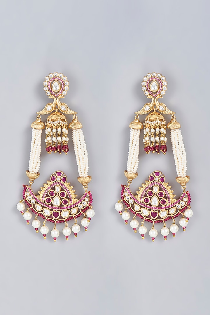 Gold Finish Red Pachi Kundan Polki & Pearl Dangler Earrings by VASTRAA Jewellery