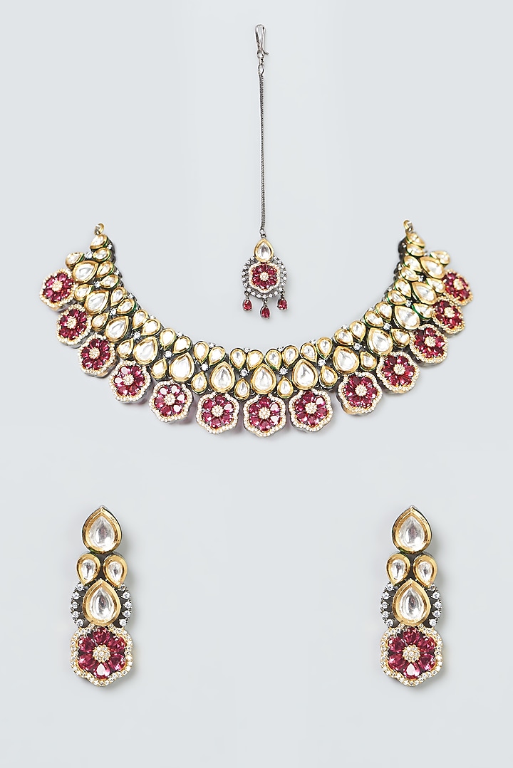 Two Tone Finish Kundan Polki Necklace Set by VASTRAA Jewellery at Pernia's Pop Up Shop