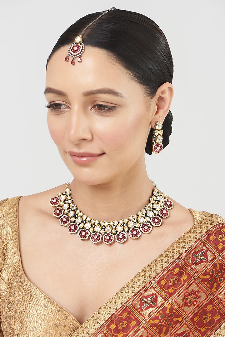 Two Tone Finish Kundan Polki Necklace Set by VASTRAA Jewellery at Pernia's Pop Up Shop